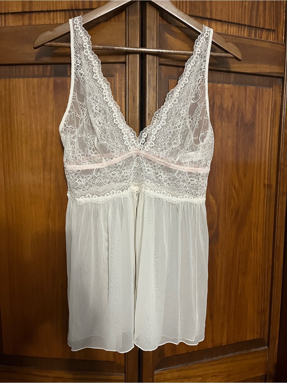 Sheer Lace V-Neck Chemise in White with Pale Pink Trim
